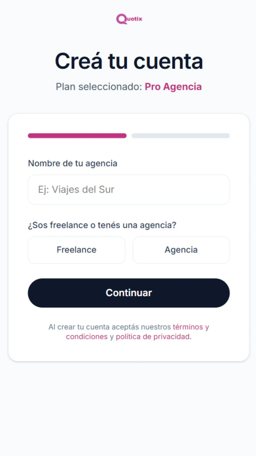 Flujo de creación de cuenta de Quotix en celular