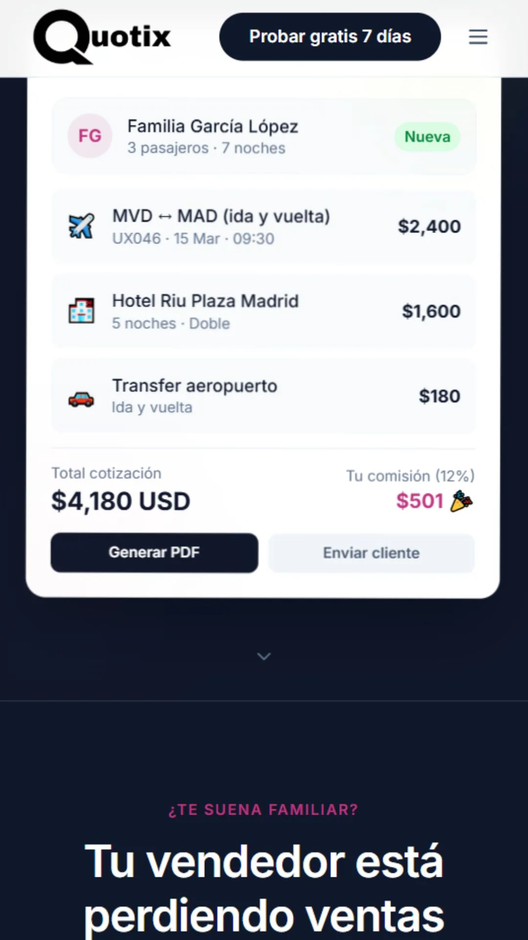 Home de Quotix en móvil, SaaS B2B optimizado para celular