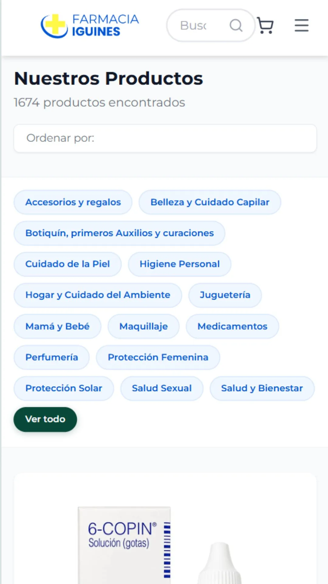 Listado de productos de Farmacia Iguines en celular
