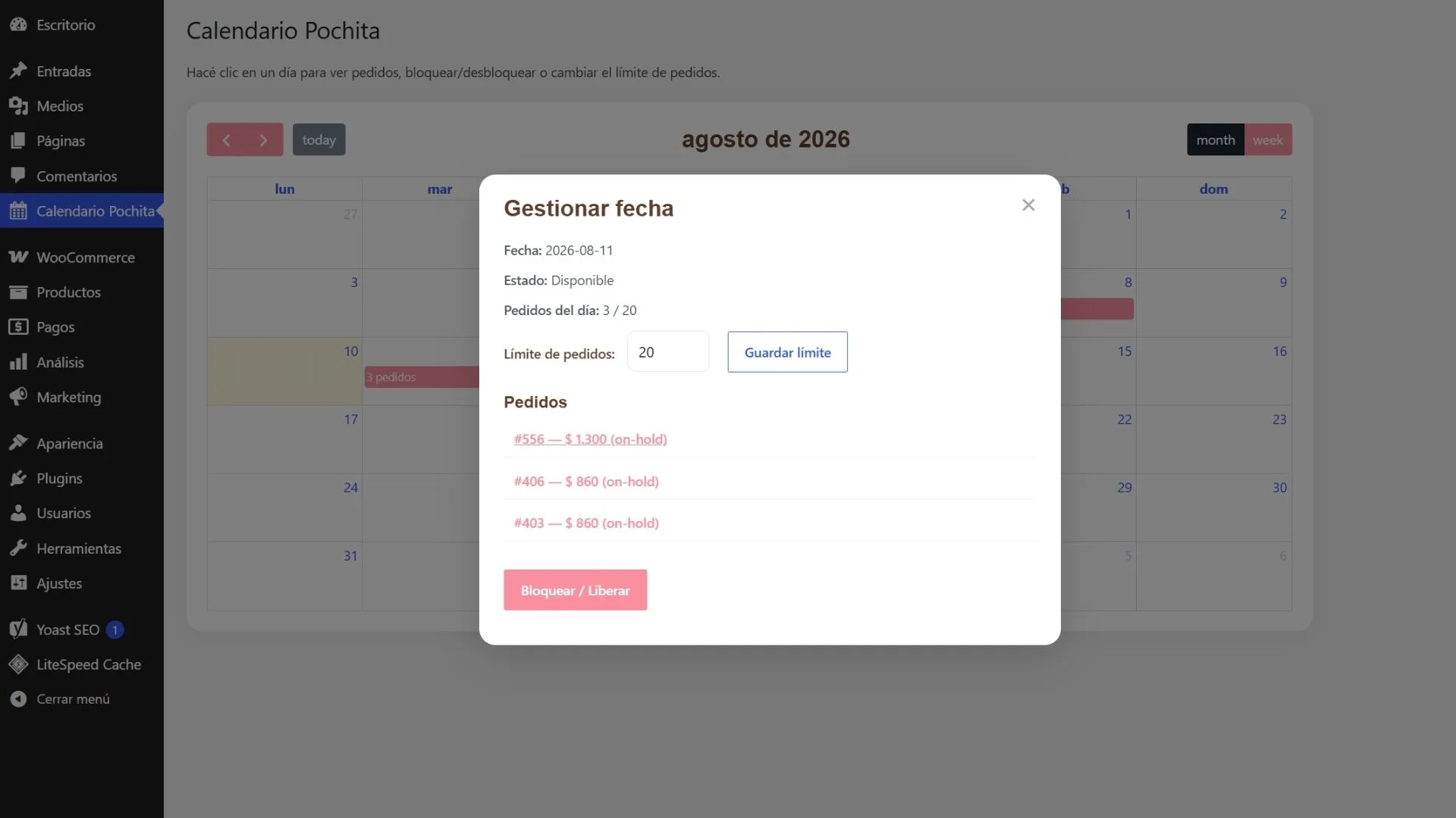 Plugin personalizado de calendario de pedidos desarrollado para Pochita