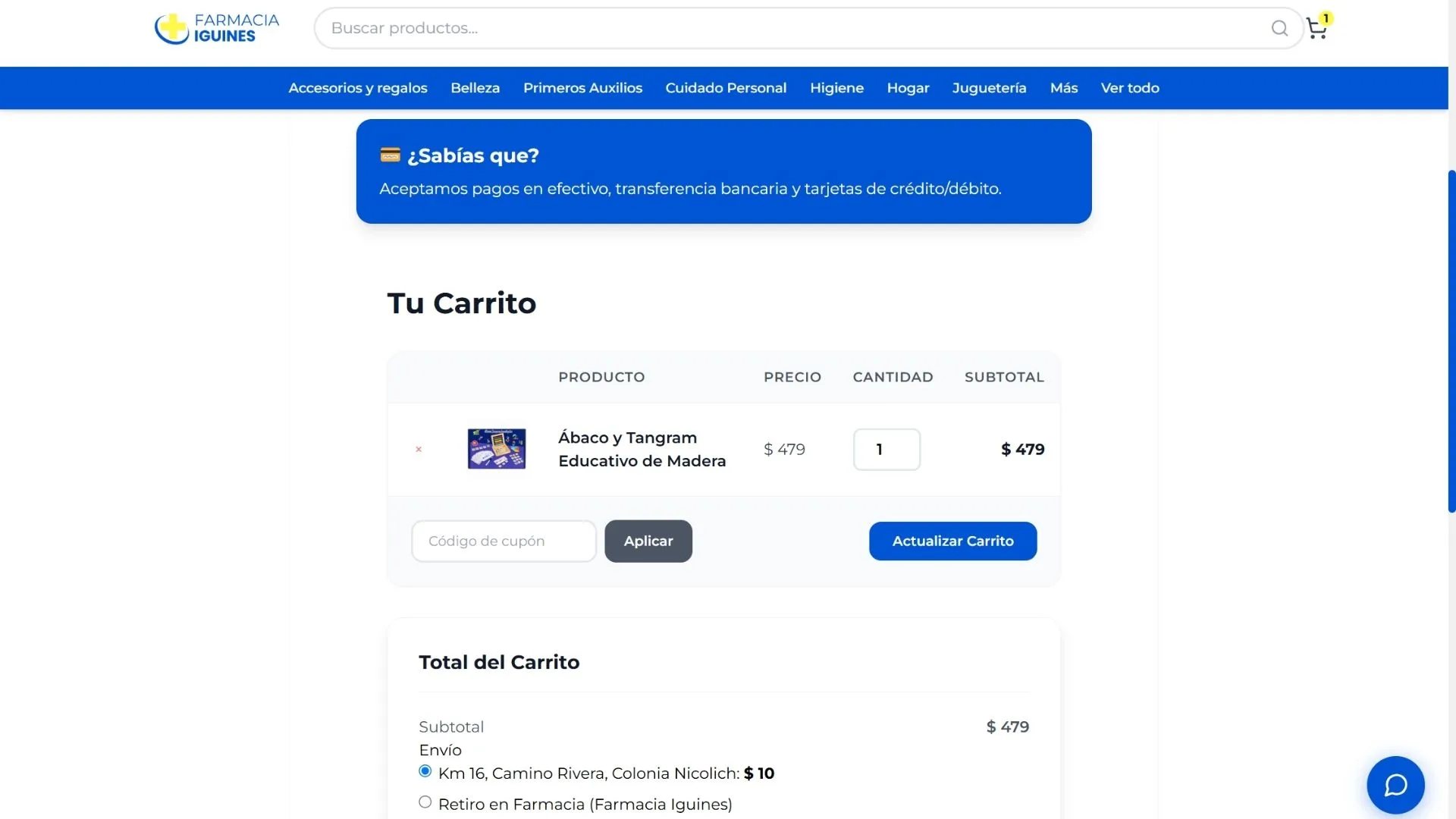 Carrito de compras de Farmacia Iguines mostrando productos agregados y totales