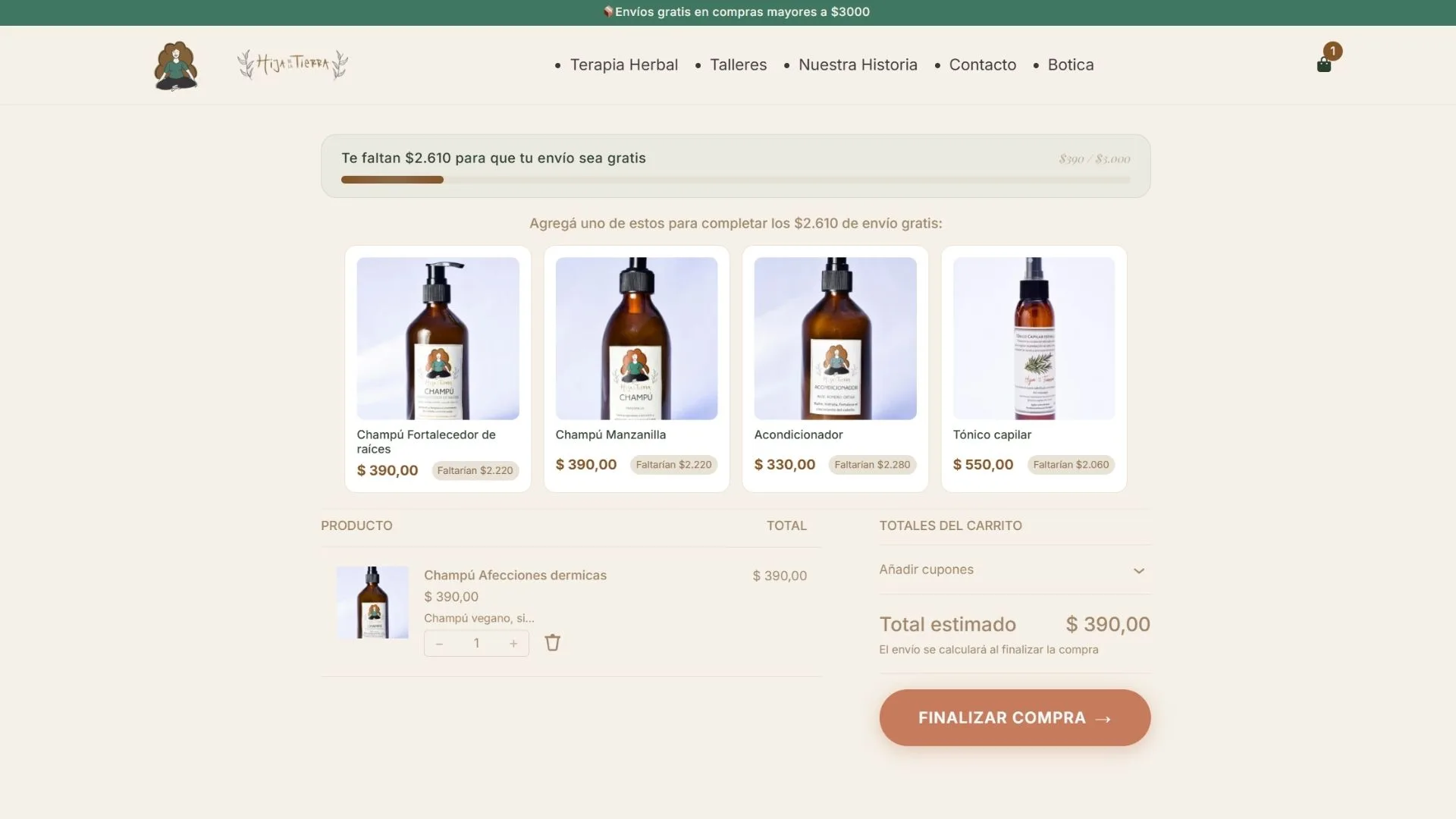 Checkout personalizado de Hija de la Tierra con datos de envío a todo Uruguay