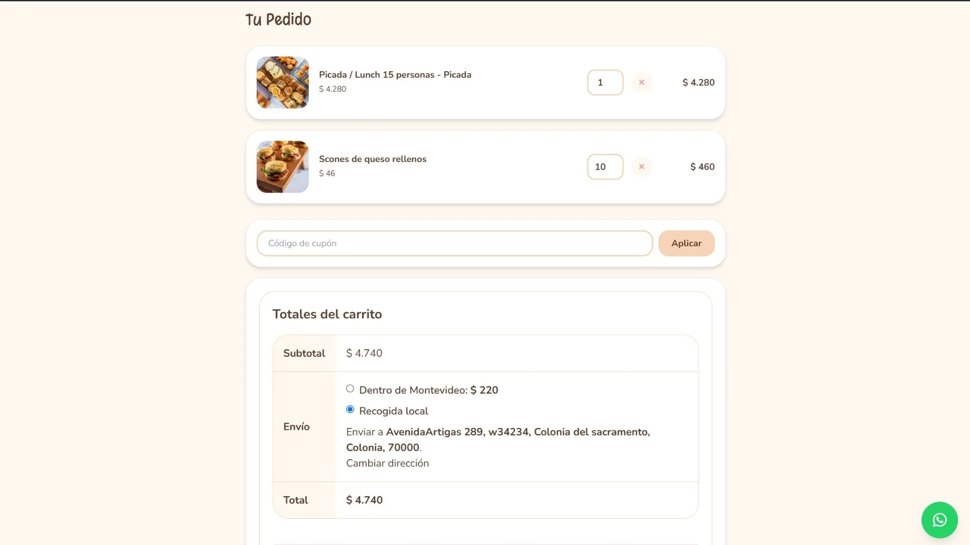 Variante del checkout de Pochita mostrando el flujo de compra completo