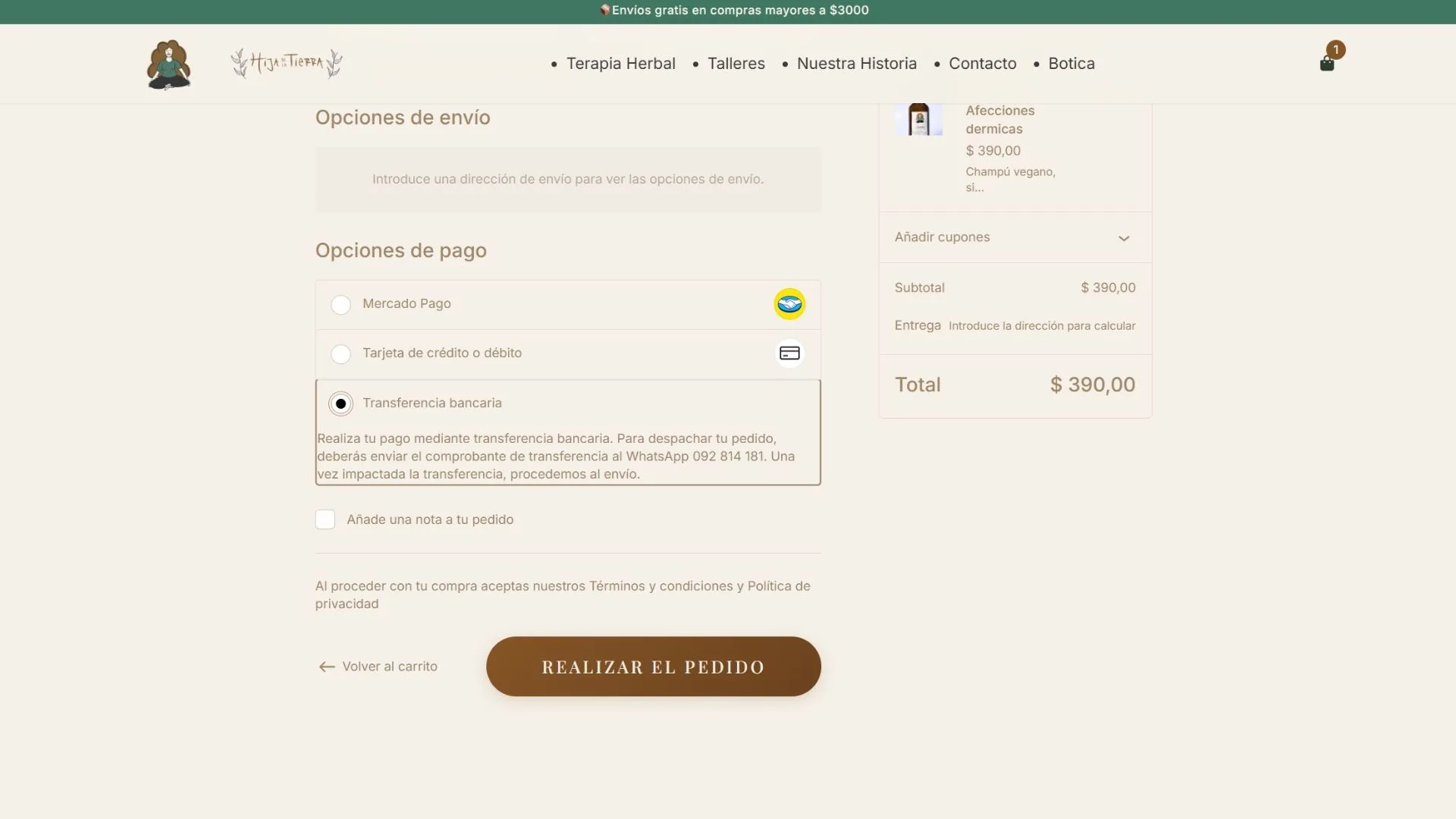 Finalizar compra personalizado de Hija de la Tierra con resumen de pedido y envío