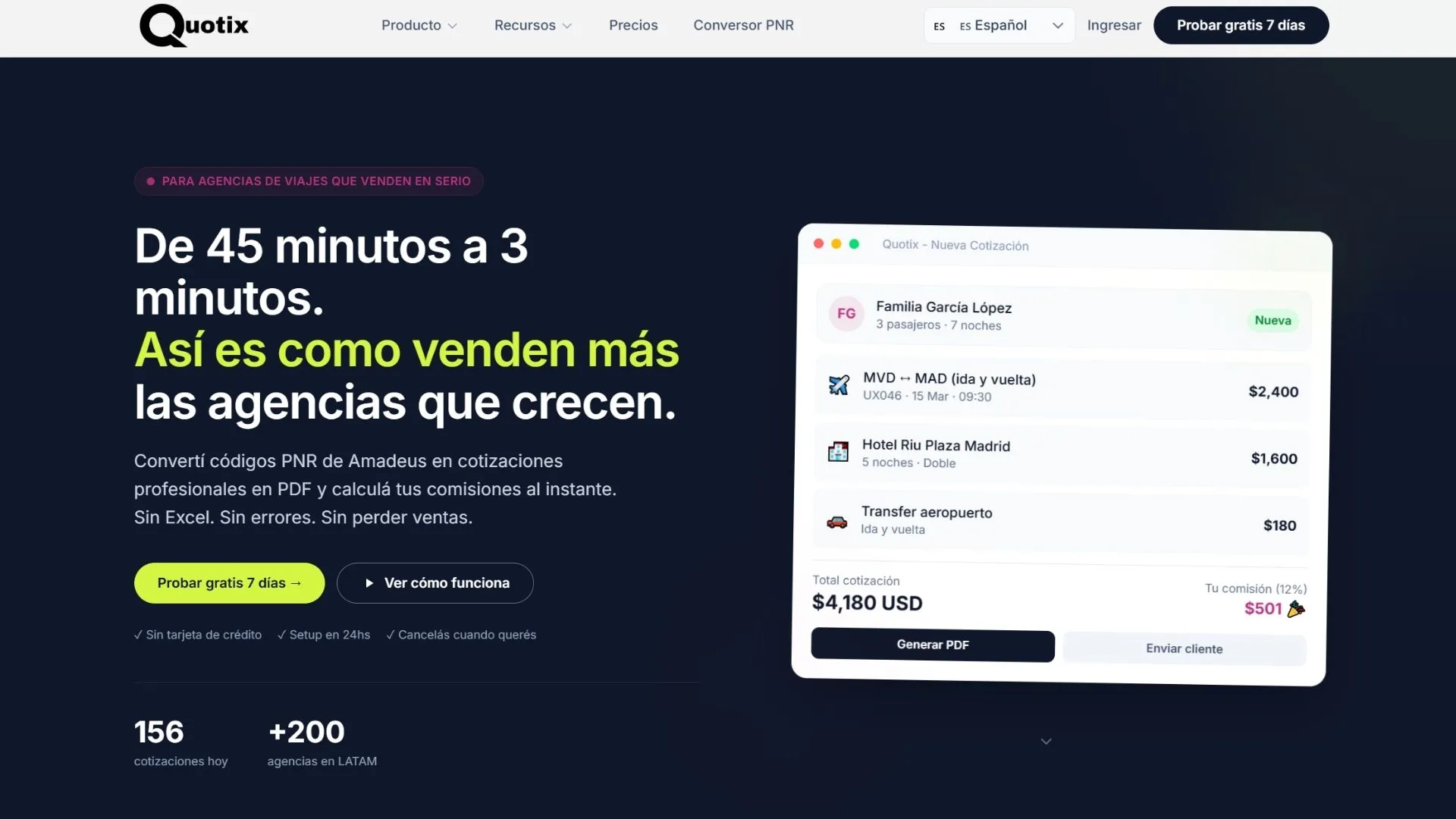 Home de Quotix, plataforma SaaS para agencias de viajes con conversión de PNRs a cotizaciones PDF