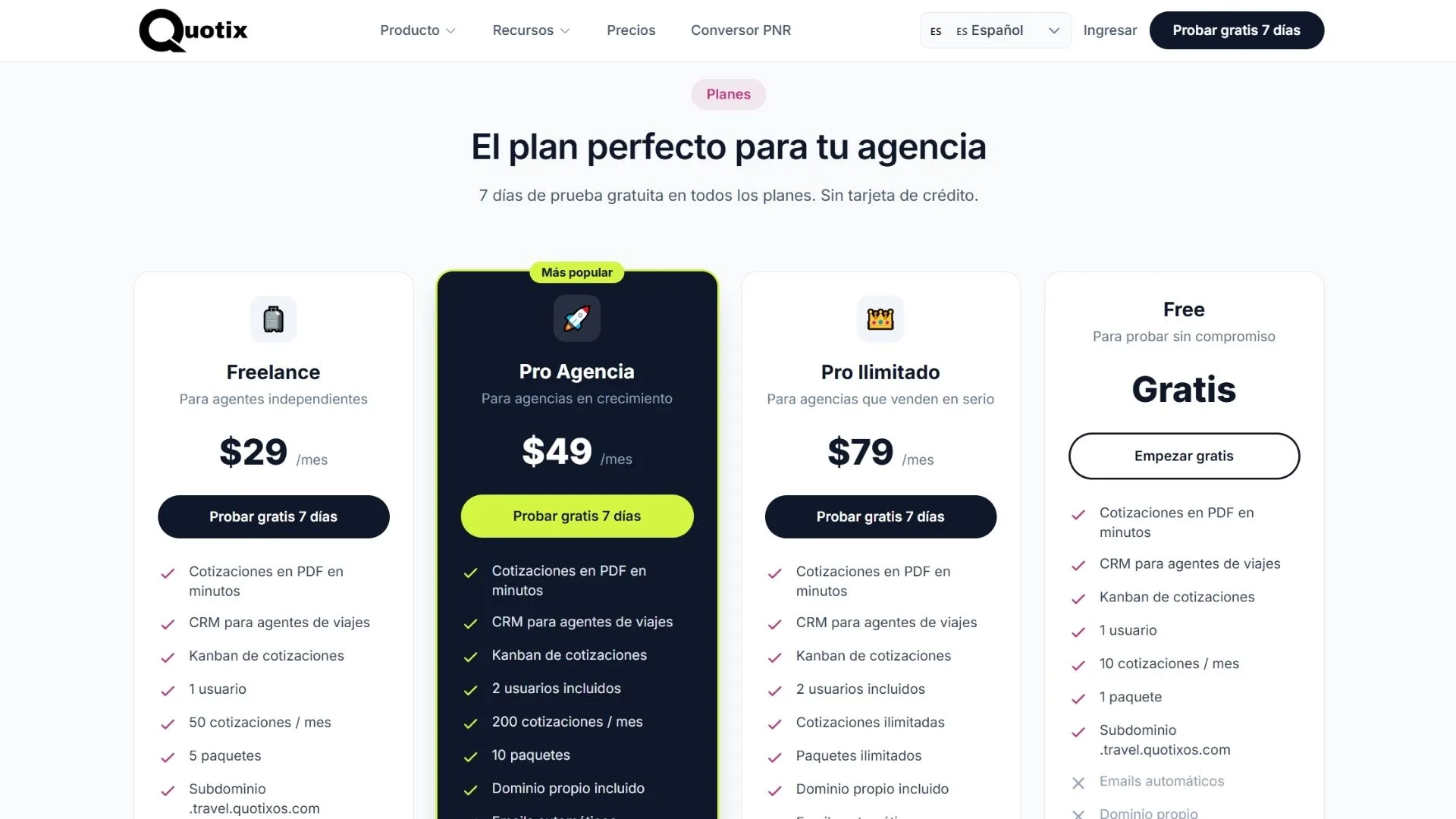 Página de planes y precios de Quotix con suscripciones y trial de 7 días