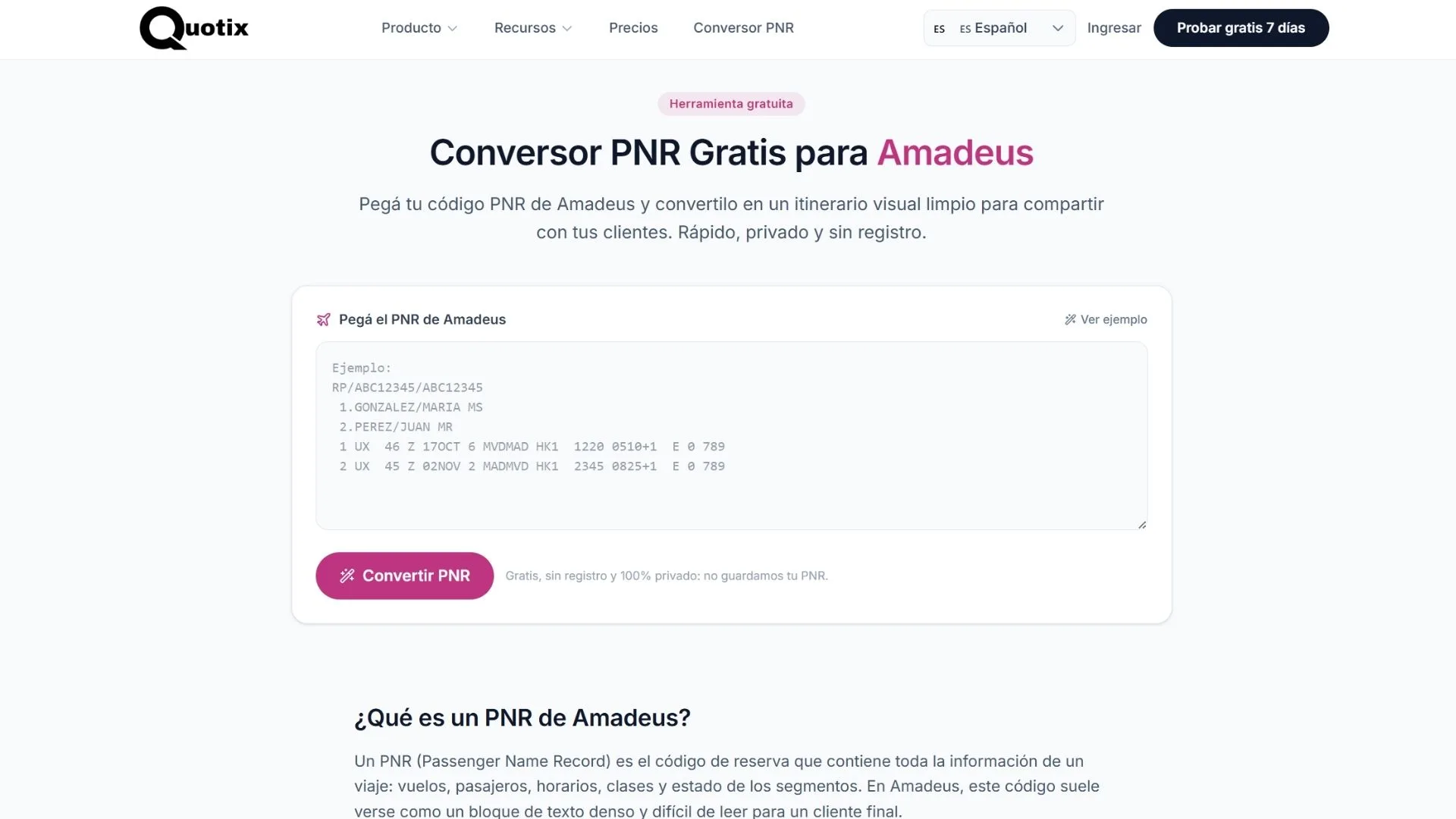 Parser de PNR de Quotix mostrando la conversión de código Amadeus a cotización