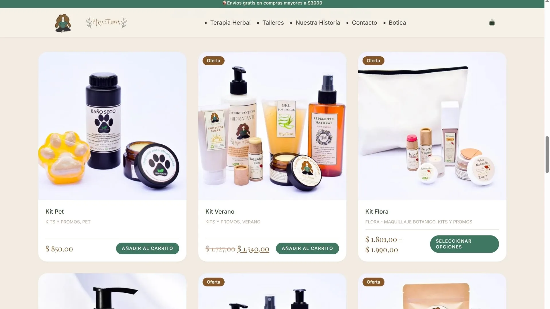 Sección de productos destacados en el home de Hija de la Tierra