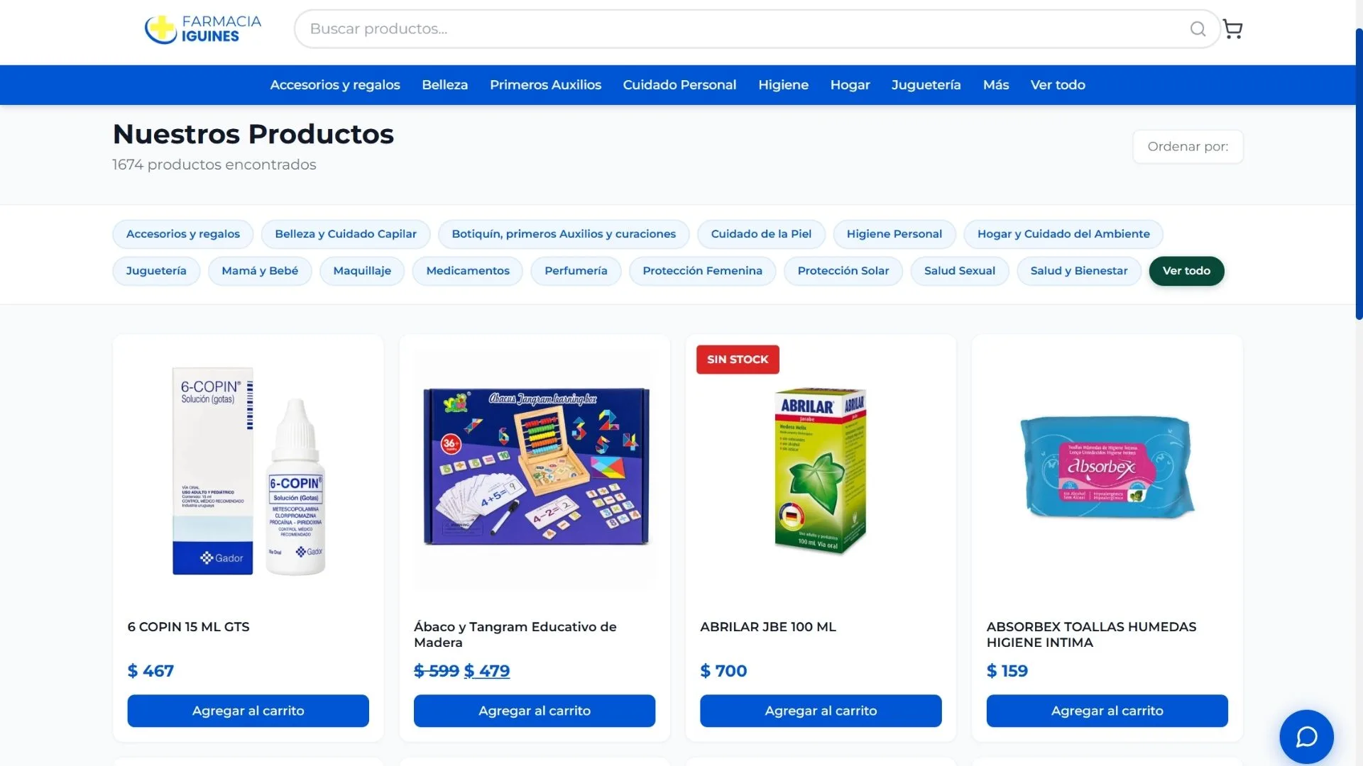 Vista de la tienda de Farmacia Iguines organizada por categorías de productos